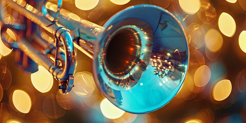 metallic trumpet with its bell open, blurred background with bokeh lights, generative AI