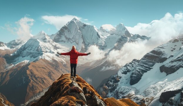 A person standing on top of the mountain with their arms outstretched, looking at snowcapped mountains in front and feeling freedom. 