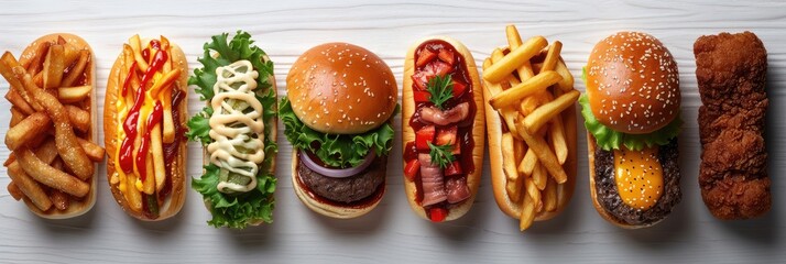 Top view of assorted fast food items including burgers, fries, and sandwiches arranged in a row on a light wooden background.