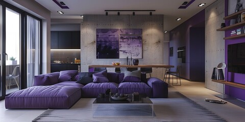 Canvas Print - contemporary living room, purple, couch, clean, organized, minimalist, 