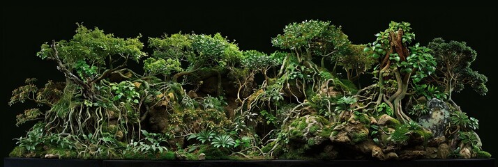 Wall Mural -  photograph of an elaborate dense tropical forests bonsai on the hill on black background