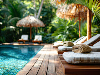 Poster - a close-up shot focusing on the details of the poolside area, such as the texture of the thatched umbrellas