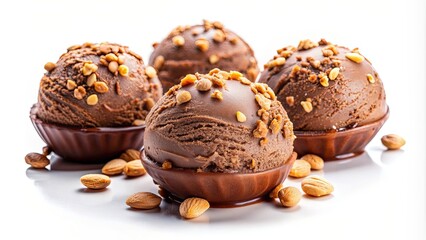 Wall Mural - Chocolate ice cream balls with peanuts on a white background, chocolate, ice cream, balls, peanuts, dessert, sweet, treat, gourmet, indulgent, creamy, delicious, snack, isolated, round, nuts