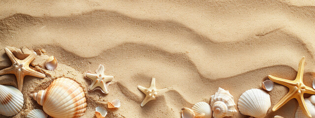 Wall Mural - Top view of beautiful beach sand background with seashells and starfish. Summer concept banner design with copy space