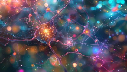 Abstract colorful background with glowing neurons and  particles.