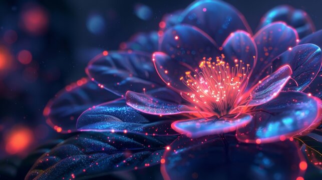 Close-up of a flower with petals that glow with electric bioluminescence generated by AI