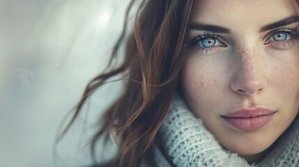 Close-up portrait of a young woman with piercing blue eyes, in winter attire, showcasing a serene and introspective expression.