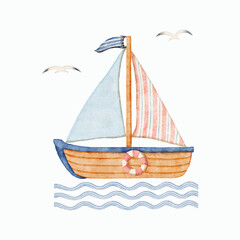 Watercolor ship with children's adventure watercolor style vector