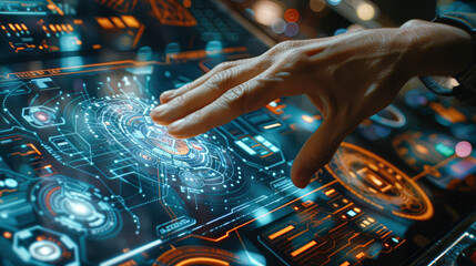 Wall Mural - Futuristic Technology Interface with Person Using Holographic Display in Sci-Fi Setting - Copyspace Available