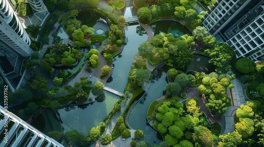 Aerial view of green spaces and water features nestled between tall ...