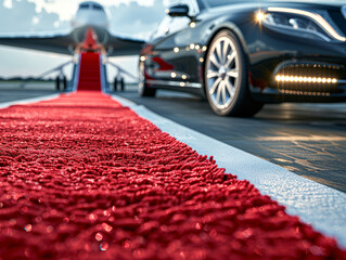 Wall Mural - Arriving in Style Luxury Red Carpet to Private Jet with Black Car, Exclusive Travel Concept with Copy Space