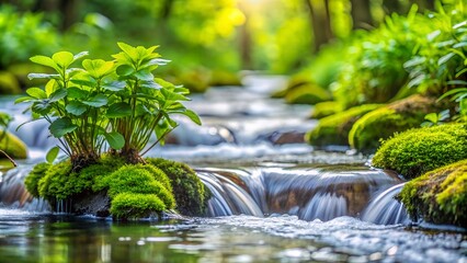 Close-Up of Fresh Water Stream with Young Green Plants - Nature's Renewal