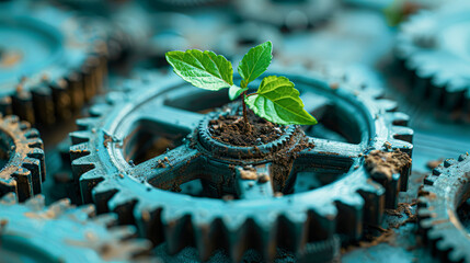 Wall Mural - Green Technology Small Sapling in Gears Representing Environmental Growth with Copyspace