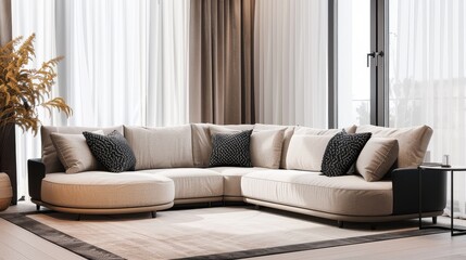 Poster - Elegant beige corner sofa with black leather armrests, positioned in front of a window on wooden flooring and a white carpeted area, accompanied by a coffee table. The room is illuminated by natural l