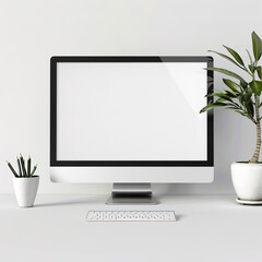 Poster - Minimalist workspace with blank computer screen and plant.