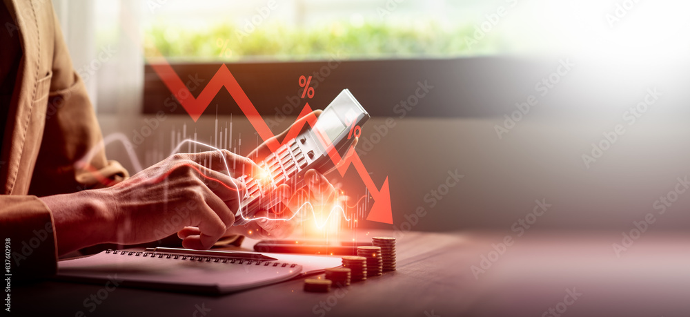 Economic collapse concept, businessman with falling financial graph ...