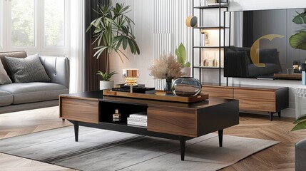 Wall Mural - Modern black and walnut coffee table with two storage doors, perfectly centered in an open concept living room. Showcasing contemporary design in an elegantly styled interior, highlighting clean lines