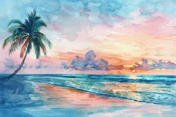 Serene palm Tree Beach Pastel blue water, pink sky, Watercolor, Tropical, Relaxing