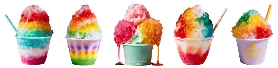 Colorful Rainbow Hawaiian Shaved ice in the cup with straw, homemade summer sweet fruit flavored treat, isolated PNG, transparent cutout