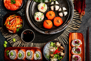 Wall Mural - Traditional Japanese food dishes served on the table.