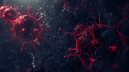 A 3D vector depiction of the immune system fighting off a virus, illustrated in dark tones