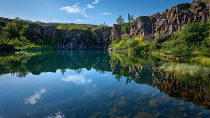 lake at the base basalt cliff img