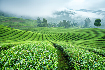 Poster - Serene Tea Farm Paradise with Copyspace Peaceful Green Rows of Tea Plants Stretching into the Horizon