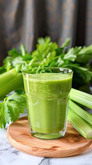 Wall Mural - Refreshing Celery Juice in Welcome Drink Glass with Fresh Stalks Healthy Beverage Concept