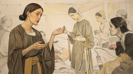 Catherine the Abbess, Praying with Nuns, Beautifully Adorned Chapel, Biblical Illustration, Beige Background, Copyspace