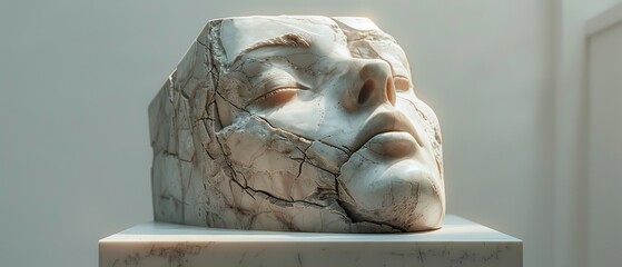 Wall Mural - A marble sculpture of a fragmented human face displayed on a pedestal, highlighting intricate cracks and serene facial expression.