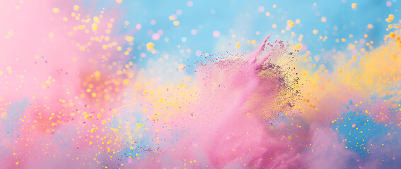 Poster - Colorful powder explosion on a pastel background, with pink, blue, and yellow colors. A glitter splash effect. 