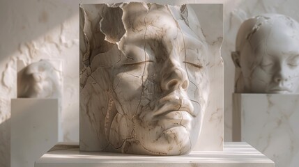 Wall Mural - Close-up of a marble sculpture of a face with cracks, surrounded by other sculptures in a softly lit room.