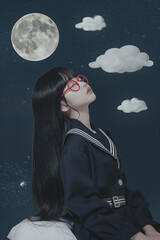 Japanese girl in a dark Japanese sailor school uniform and red round glasses, with smooth long black hair with bangs, sitting alone and taking a nap. She is positioned against a midnight sky backgroun