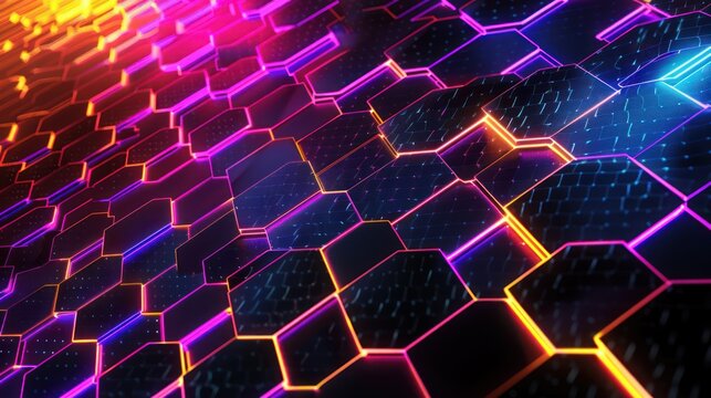 	
Hexagon honeycomb shape neon gaming light technology background	
