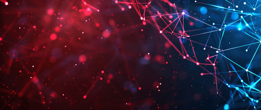 Abstract red and blue background with glowing polygonal lines, dots and particles on dark space for technology concept.