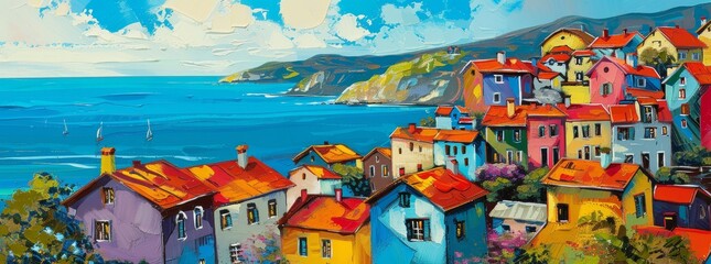 Wall Mural - Colorful coastal town with houses painted in bright hues overlooking the sea generated by AI