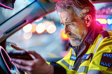 Poster - Male Traffic Police Officer in Neon Yellow Uniform Using Tablet Inside Police Car