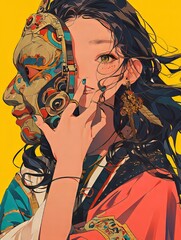 Wall Mural - Girl Hold Traditional Mask In Yellow Background