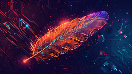 Poster - illustration of feather mixed with technology and futuristic style with blue and red lines connected