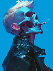 skull punk with leather jacket smoking in blue background