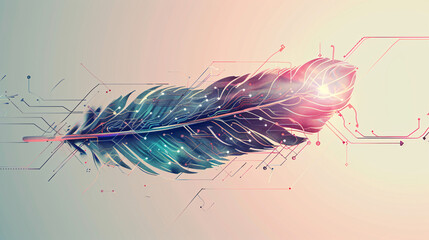Poster - illustration of feather mixed with technology and futuristic style with lines connected in a white background