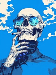 Wall Mural - male skull smoking in blue background