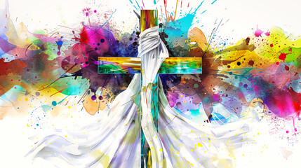 Wall Mural - An abstract watercolor painting of an Easter cross, surrounded by vibrant splashes of color
