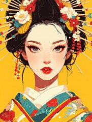 Wall Mural - Geisha with Dress in Yellow Background