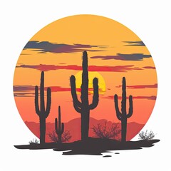Wall Mural - Peaceful sunset view over a desert landscape, featuring the silhouette of saguaro cacti against a vibrant sky isolated on white background  