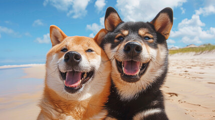 Happy Shiba Inu Dogs Taking Selfie at Sunny Beach with Blue Sky and White Clouds in Background
