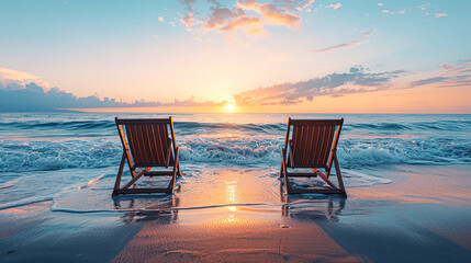 Canvas Print - Serene Sunset Scene Two Beach Chairs Overlooking Tranquil Ocean, Relaxation and Vacation Concept