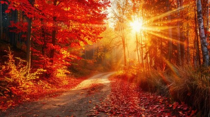 Picturesque natural autumn landscape with sun, road and beautiful trees with red and orange foliage  