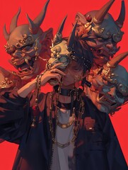 Wall Mural - Man Wearing Oni Mask in Red Background