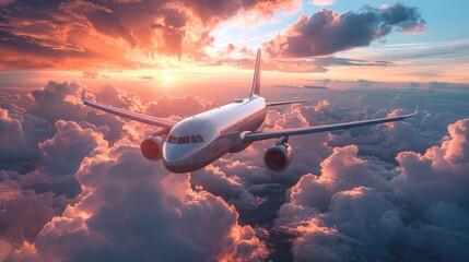 Passenger airplane flying above clouds with vibrant sunset sky, showcasing breathtaking aerial travel experience and aviation beauty.